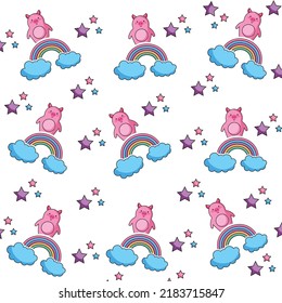 Cute Kawaii Pig, Rainbow And Cloud Vector Background. 