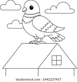 Cute kawaii pigeon is standing on the roof cartoon character  coloring page vector illustration