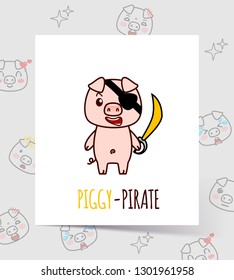 Cute Kawaii piggy-pirate. Can be used for print on t-shirt. Symbol of Chinese New Year. Pink angry pig with saber in a cartoon style. Vector illustration