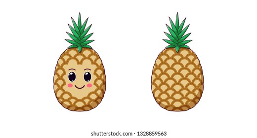 Cute Kawaii Pineapple, Cartoon Ripe Fruit. Vector illustration of Cartoon Pineapple with Kind Eyes and Smile, Funny Emoji. Juicy Tropical Sticker. Child Print for T-shirt. Friendly and Tasty Ananas