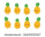 Cute kawaii pineapple character. Fruit emoji set vector illustration. Happy smile, laughing, angry, sad, winking, sleeping, dancing emoticons. Cartoon anime face - eyes, mouth, funny arms and legs.