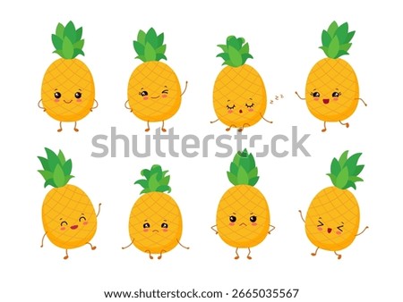 Cute kawaii pineapple character. Fruit emoji set vector illustration. Happy smile, laughing, angry, sad, winking, sleeping, dancing emoticons. Cartoon anime face - eyes, mouth, funny arms and legs.