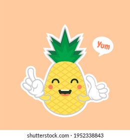 cute and kawaii Pineapple characters, mascots Pineapple cute characters set for summer. Pineapple juice, tropical fruit, summer resort. Vacation concept. For topics like fruit, summer, travel