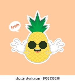 cute and kawaii Pineapple characters, mascots Pineapple cute characters set for summer. Pineapple juice, tropical fruit, summer resort. Vacation concept. For topics like fruit, summer, travel