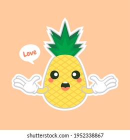 cute and kawaii Pineapple characters, mascots Pineapple cute characters set for summer. Pineapple juice, tropical fruit, summer resort. Vacation concept. For topics like fruit, summer, travel