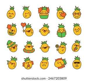 Cute kawaii pineapple fruit. Adorable cartoon food character. Hand drawn style. Vector drawing. Collection of design elements.