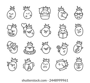Cute kawaii pineapple fruit. Coloring Page. Adorable cartoon food character. Hand drawn style. Vector drawing. Collection of design elements.