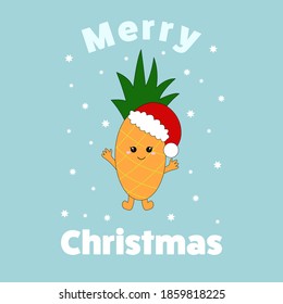 Cute kawaii pineapple. Vector illustration for kids. Christmas card.	