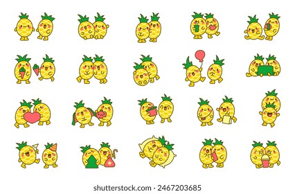 Cute kawaii pineapples with funny faces. Adorable cartoon fruits. Hand drawn style. Vector drawing. Collection of design elements.