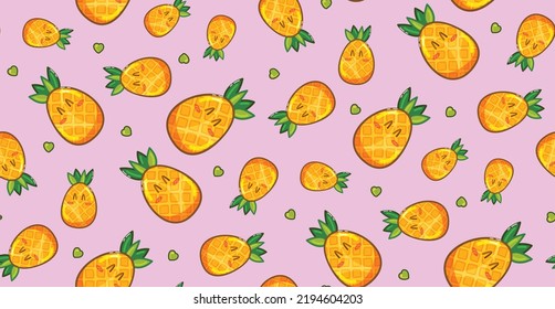 Cute Kawaii Pineapples Seamless Pattern Background, Vector Illustration