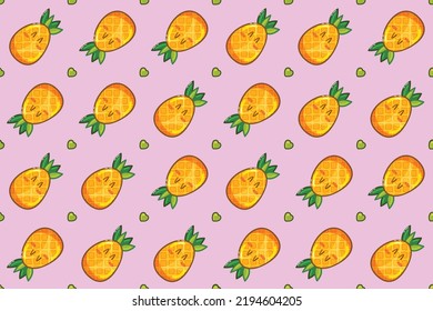Cute Kawaii Pineapples Seamless Pattern Background, Vector Illustration