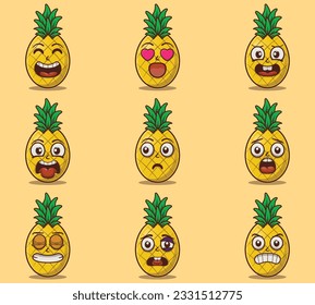 Cute and kawaii pinepples emoticon expression illustration set