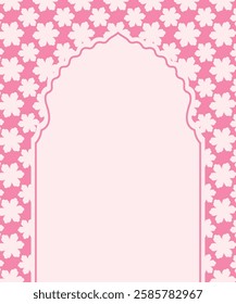 Cute kawaii pink flower pattern background with arch frame