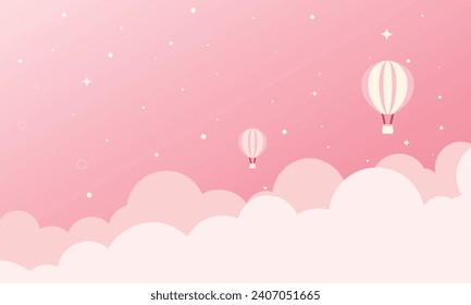 Cute kawaii pink gradient cartoon background design with balloon and clouds