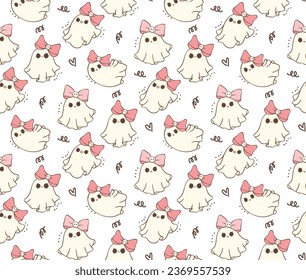 Cute kawaii pink Halloween ghost pattern seamless cartoon doodles. Perfect for festive decorations, textiles, and more, this whimsical design captures the essence of Halloween with a playful twist.