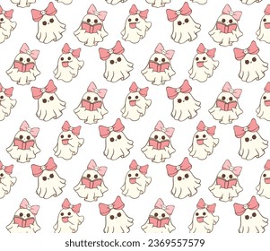 Cute kawaii pink Halloween ghost pattern seamless cartoon doodles. Perfect for festive decorations, textiles, and more, this whimsical design captures the essence of Halloween with a playful twist.