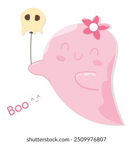 Cute Kawaii Pink Halloween Ghost Cartoon Perfect for adding some spooky fun to your designs. Get into the Halloween spirit with this flat vector illustration.