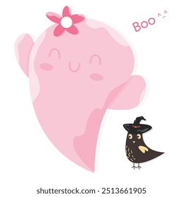 Cute Kawaii Pink Halloween Ghost Cartoon Perfect and Bird, Get into the Halloween spirit with this flat vector illustration.