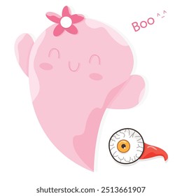 Cute Kawaii Pink Halloween Ghost Cartoon Perfect and Cat, Get into the Halloween spirit with this flat vector illustration.