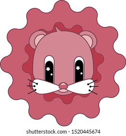 Cute kawaii pink head of a lion vector illustration. Big eyes and little whiskers. Cartoon african animal cub for nursery poster, postcard or toy logo.