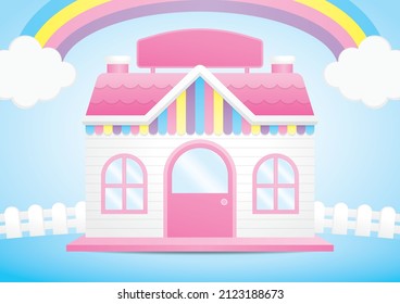 cute kawaii pink house 3d illustration vector with sweet pastel rainbow