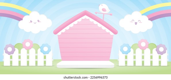 cute kawaii pink house shape backdrop display stage with happy cloud and bird 3d illustration vector for putting baby product or kid object