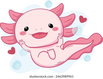 Cute kawaii pink little axolotl. Smiling nice cartoon animal character. Hand drawn style. Vector drawing. Collection of design elements.