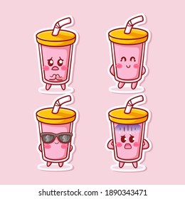 Cute And Kawaii Pink Milkshake Sticker Illustration Set With Various Activity And Expression (beg, Apologize, Smile, Sunglasses, Fearful) For Mascot