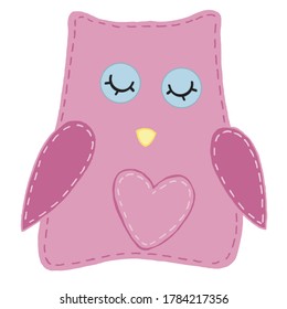 cute kawaii pink owl with heart beak, kids toy, vector element with decorative stitching seam