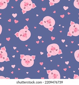 Cute kawaii pink pig face head and hearts vector seamless pattern. Farm animal flat cartoon texture for nursery, card, poster, fabric, textile.