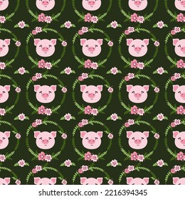 Cute kawaii pink pig face head and flower wreath vector seamless pattern. Farm animal flat cartoon texture for nursery, card, poster, fabric, textile.