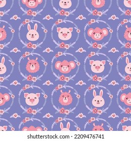 Cute kawaii pink pig, monkey, hare, lama face head and flower wreath vector seamless pattern. Farm animal flat cartoon texture for nursery, card, poster, fabric, textile.