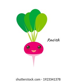 cute Kawaii pink radish with eyes and pink cheeks, isolated on white background trend of the season. Can be used for cards for children learning words, food packaging. Vector