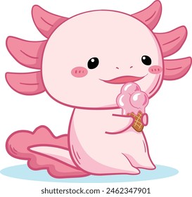 Cute Kawaii pink Salamander in Funny Cartoon Style. Collection of Cute Vector Amphibian Illustrations for Stickers, Baby Shower, Coloring Pages, Prints for Clothes.Axolotl and ice-cream.