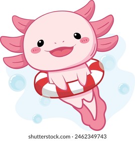 Cute Kawaii pink Salamander in Funny Cartoon Style. Collection of Cute Vector Amphibian Illustrations for Stickers, Baby Shower, Coloring Pages, Prints for Clothes.Axolotl swimming.