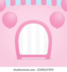 cute kawaii pink signboard with awning and balloons 3d illustration vector