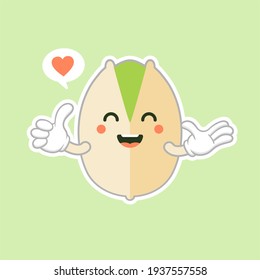 cute and kawaii Pistachio nuts character in the shell. Open and fried fresh organic food. Singles and group. Nuts vector illustrations isolated on color background.