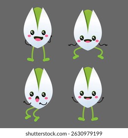 Cute Kawaii Pistachios Illustration - Set of Happy, Smiling, and Surprised Cartoon Nuts. Healthy Snack Characters.
