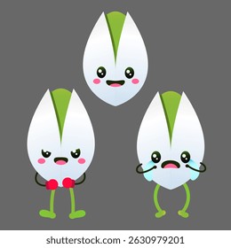 Cute Kawaii Pistachios Illustration - Set of Happy, Grumpy, and Crying Cartoon Nuts. Healthy Snack Characters.