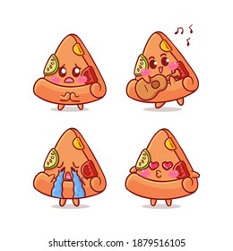 Cute and Kawaii Pizza Sticker Illustration Set With Various Activity and Expression (apologize,  play guitar, cry, kiss) for mascot