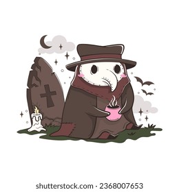 Cute kawaii plague doctor drinks coffee in a cemetery. Medical routine cartoon humorous concept.