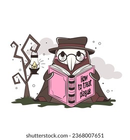 Cute kawaii plague doctor is reading a book on how to treat the plague under a tree. Medical routine cartoon humorous concept.