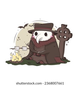 Cute kawaii plague doctor roasting marshmallows on a fire in a cemetery. Medical routine cartoon humorous concept.