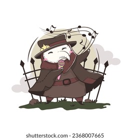 Cute kawaii plague doctor sings karaoke into a microphone near the cemetery fence. Medical routine cartoon humorous concept.