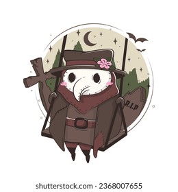 Cute kawaii plague doctor swinging on a swing in a cemetery. Medical routine cartoon humorous concept.