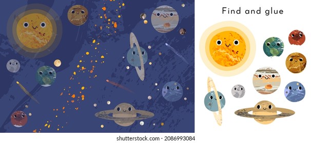 Cute kawaii planet character, funny celestial body, smiling face. Solar system Sun, Mercury, Venus, Earth, Moon, Mars, Jupiter, Saturn, Uranus, Neptune. Vector flat cartoon illustration, find and glue