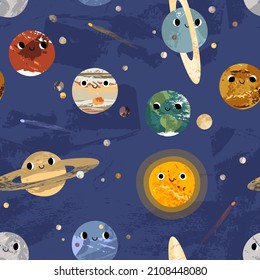 Cute kawaii planet character. Funny celestial body. Solar system Sun, Mercury, Venus, Earth, Moon, Mars, Jupiter, Saturn, Uranus, Neptune. Astronomy. Vector flat cartoon illustration, seamless pattern