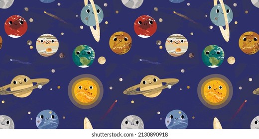 Personaje del planeta kawaii. Gracioso cuerpo celestial. Sistema solar Sol, Mercurio, Venus, Tierra, Luna, Marte, Júpiter, Saturno, Urano, Neptuno. Astronomía. Ilustración de dibujos animados planos vectoriales, patrón transparente