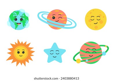 Juego de caracteres del planeta kawaii. Caras divertidas de la Tierra, el sol, la luna, la estrella y los planetas. Dibujo vectorial plano de dibujos animados.