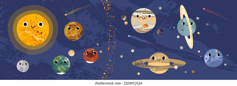 Personaje del planeta kawaii con cara sonriente. Gracioso cuerpo celestial. Sistema solar Sol, Mercurio, Venus, Tierra, Luna, Marte, Júpiter, Saturno, Urano, Neptuno. Astronomía. Ilustración de dibujos animados planos vectoriales